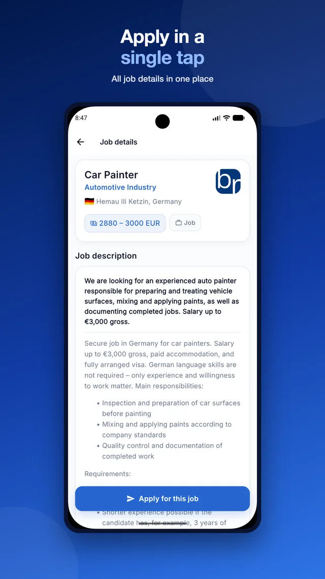 Job details with the full description and conditions