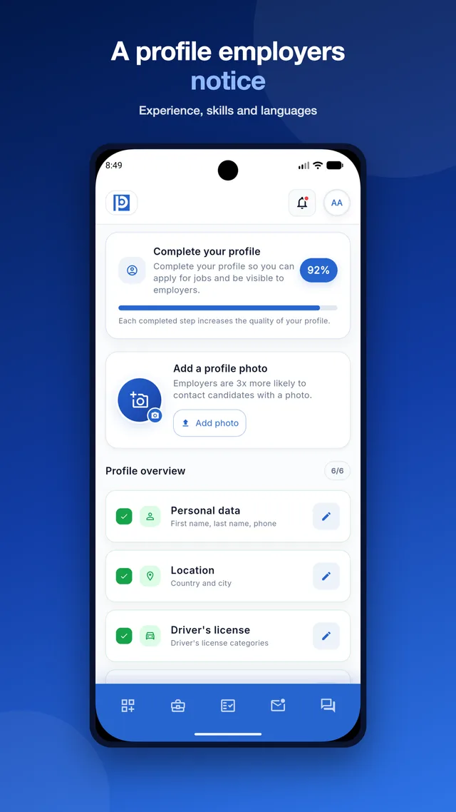 Your profile — work experience, education and languages
