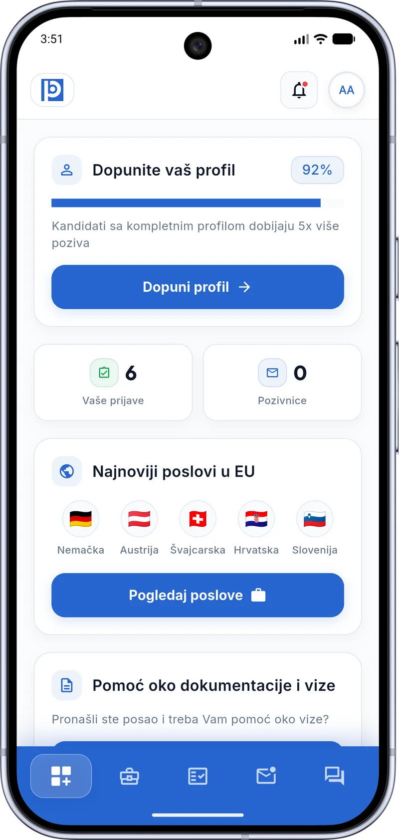Početni ekran BalkanPosao aplikacije sa najnovijim poslovima u regionu i EU